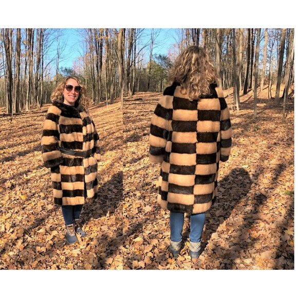 1980s vintage striped fur coat with leather belt, real fur - Picture 1 of 8